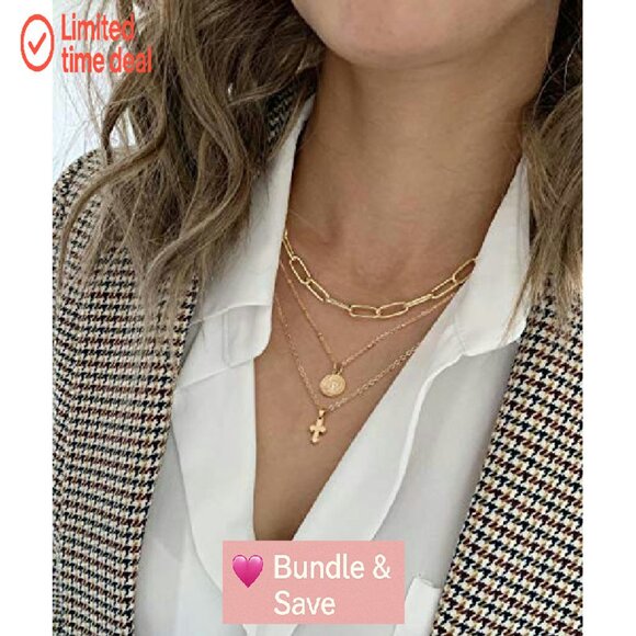 18k Gold Layered Choker Necklace with Lock Key Pendant Double Chain - Picture 3 of 8